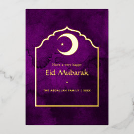Tarjeta de vacaciones de Eid Mubarak con lámina pú