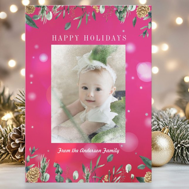 Tarjeta de vacaciones de foto con desenfoque de ni (Winter Greenery Snow Bokeh Photo Pink Holiday Card)