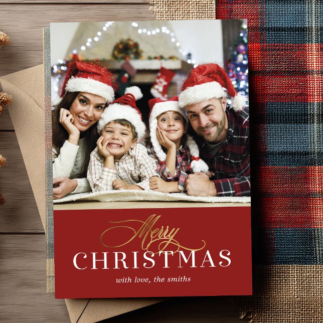 Tarjeta de vacaciones de foto con lámina de oro fa (Wishing you a Merry Christmas ✨ Send your love with this elegant family photo holiday card.)