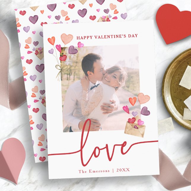 Tarjeta de vacaciones de foto el día de San Valent (Watercolor Hearts Valentine's Day Photo Holiday Card)