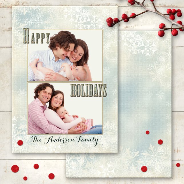 Tarjeta de vacaciones de fotos de copos de nieve P (An elegant Christmas Holidays card featuring your own favorite photos framed by pastel snowflakes)