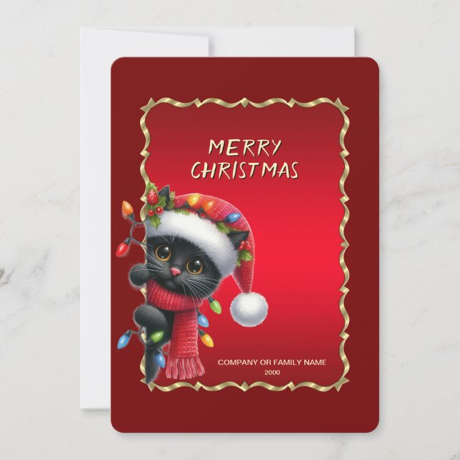 Tarjeta de vacaciones de gato negro de Navidad (Anverso)