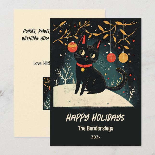 Tarjeta de vacaciones de gato negro retro (Anverso / Reverso)