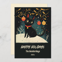 Tarjeta de vacaciones de gato negro retro