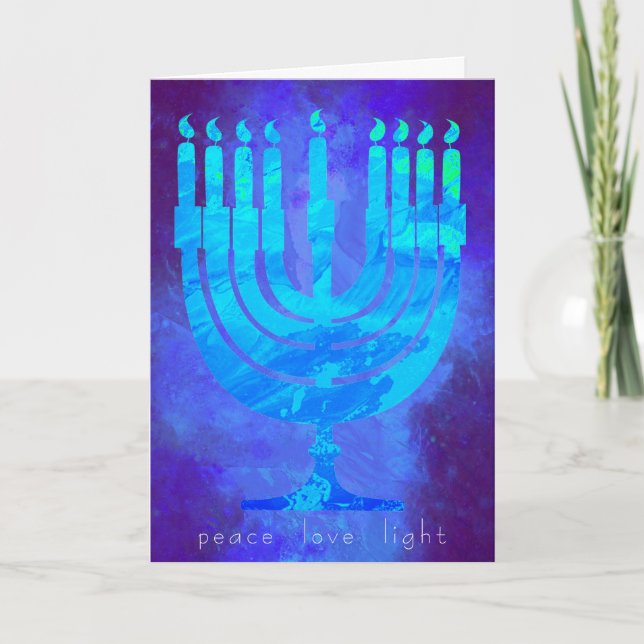 Tarjeta de vacaciones de Hanukkah con luz azul con (Anverso)