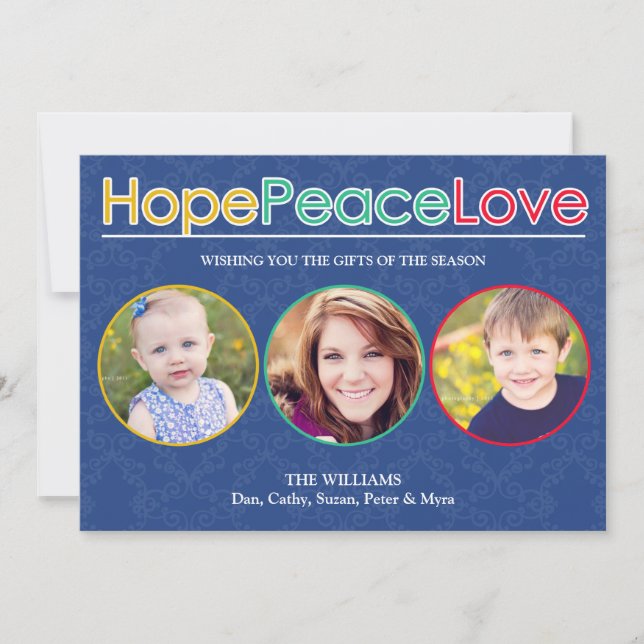 Tarjeta de vacaciones de Hope Peace Love Photos (Anverso)
