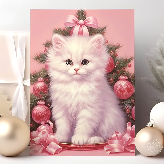Tarjeta de vacaciones de Kitten blanco y Árbol de  (Subido por el creador)