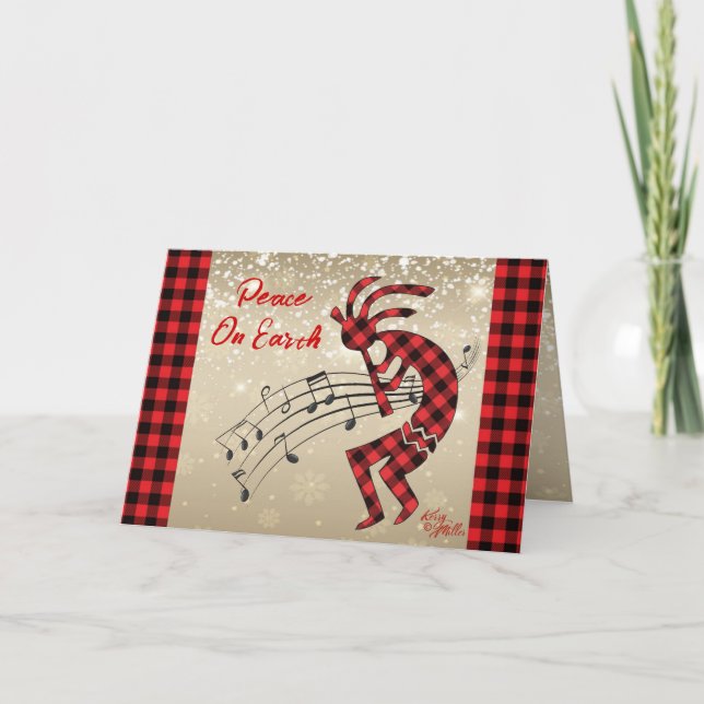 Tarjeta de vacaciones de Kokopelli de cuadros rojo (Anverso)