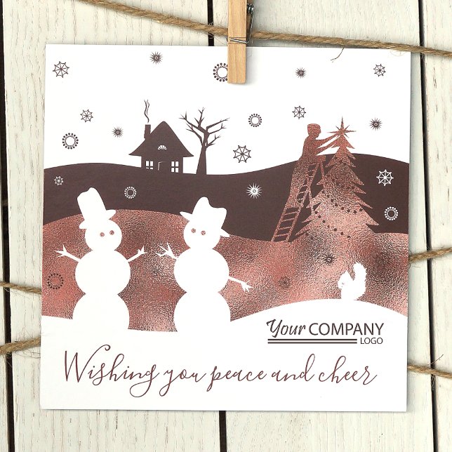 Tarjeta de vacaciones de la compañía de Snowmen en (Chocolate Brown Logo Company Holiday Christmas Cards, Rustic Brown White Snowmen Snow Village)