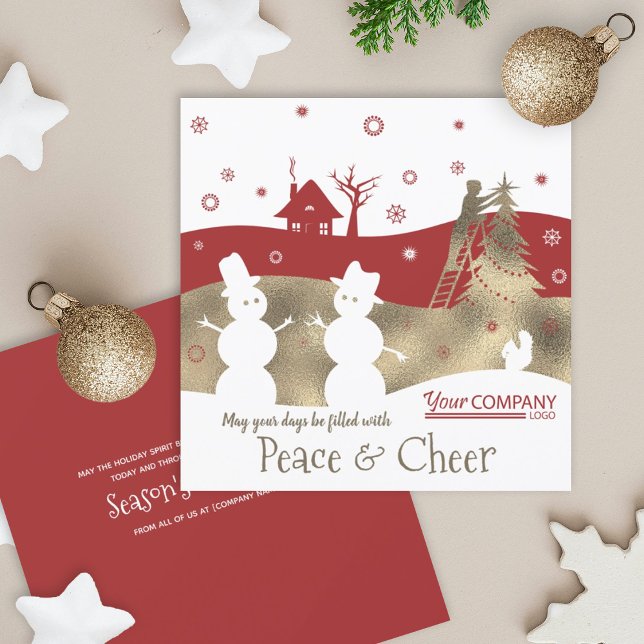 Tarjeta de vacaciones de la Compañía Empresarial d (burgundy red maroon company business holiday christmas xmas greeting card gold beige rustic snowmen)