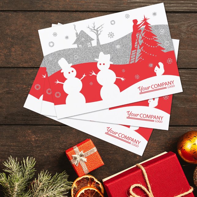 Tarjeta de vacaciones de la Compañía Purpurina Roj (red silver company holiday greeting cards, logo'd red logo client business Christmas cards snowmen)