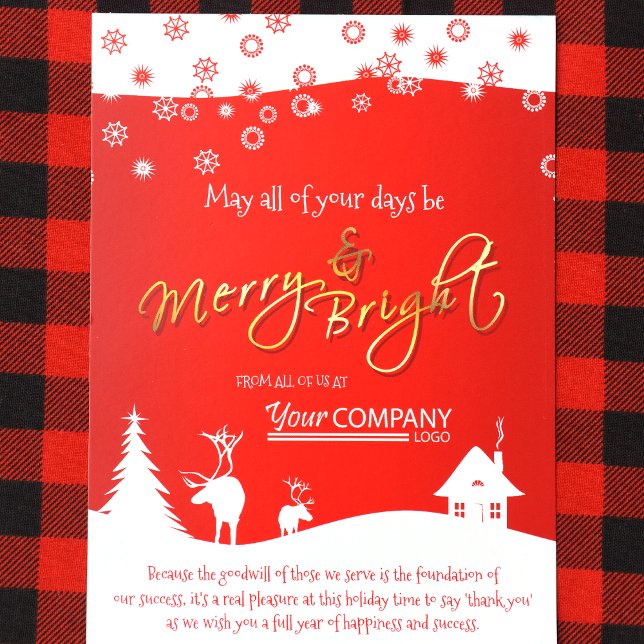 Tarjeta de vacaciones de la compañía rusa de renos (Red Logo, Red Gold Holiday Christmas Card for Red Company Colors)