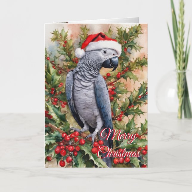 Tarjeta de vacaciones de loro de navidades gris af (Anverso)
