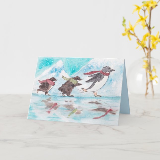 Tarjeta de vacaciones de los pingüinos de patinaje (flor amarilla)