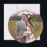 Tarjeta de vacaciones de marco decorativo - Rojo<br><div class="desc">Esta tarjeta de vacaciones redonda cuenta con un marco decorativo y una foto de sangre completa.</div>