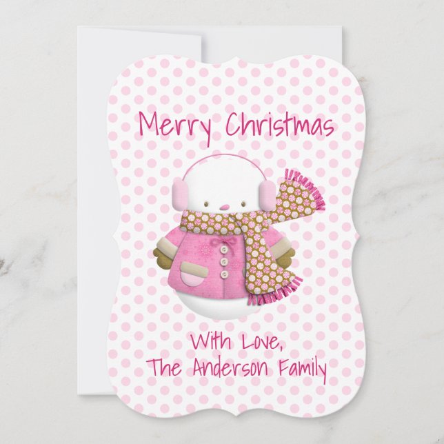 Tarjeta de vacaciones de muñeco de nieve rosa boni (Anverso)