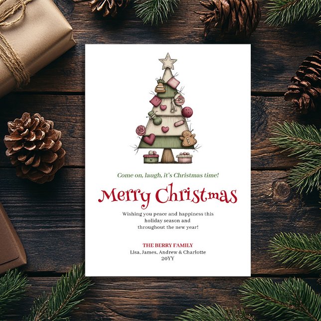 Tarjeta de vacaciones de Navidad artística y extra (Artistic Quirky Christmas Tree Holiday Card)