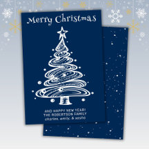 Tarjeta de vacaciones de Navidad azul y blanca