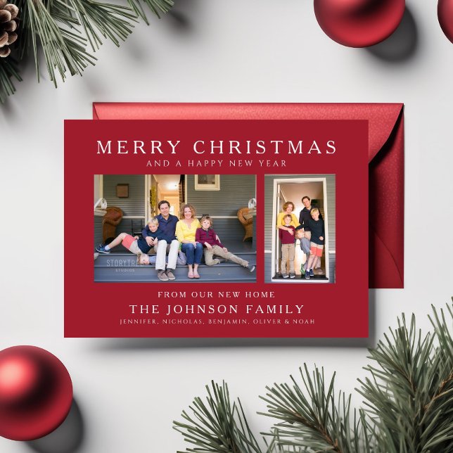 Tarjeta de vacaciones de Navidad con foto de nueva (Red Merry Christmas New Home Photo Holiday Card)