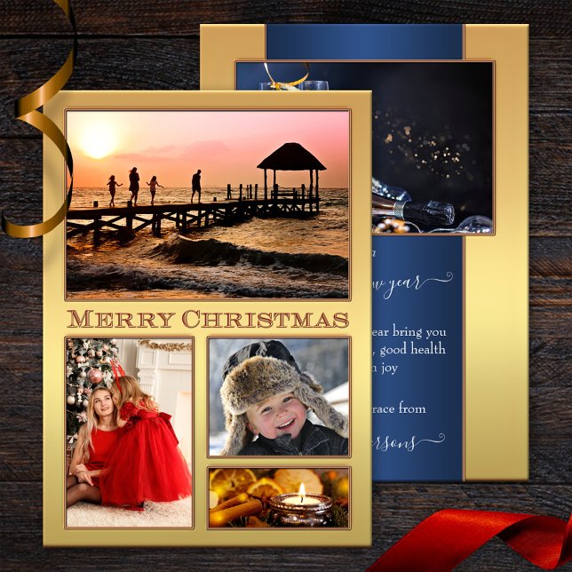Tarjeta de vacaciones de Navidades dorados festivo (A Christmas Holidays card featuring 5 of your own custom photos framed by a gold stylized design)