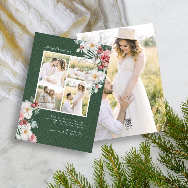 Tarjeta de vacaciones de Navidades elegantes de Co (Elegant Green Holiday Photo Collage Christmas Card Red Berries White Botanicals 5 photos)
