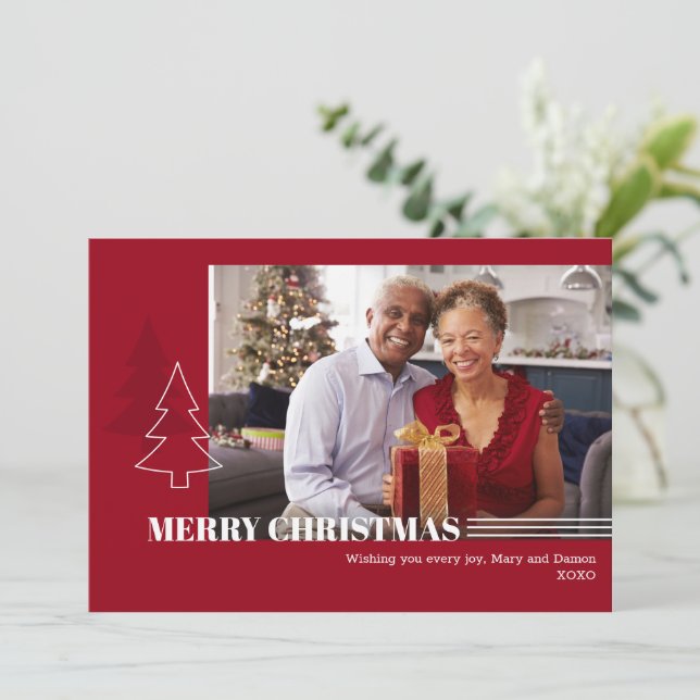 Tarjeta de vacaciones de Navidades rojos fotográfi (Anverso de pie)