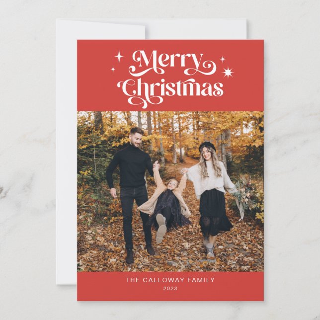 Tarjeta de vacaciones de Navidades rojos retro (Anverso)