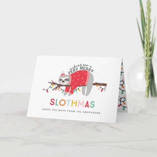 Tarjeta de vacaciones de Navidades Sloth. (Anverso)