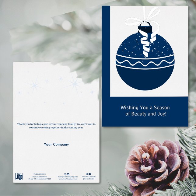 Tarjeta de vacaciones de negocios con acentos de R (Blue & White Foil Accents Business Holiday Card)