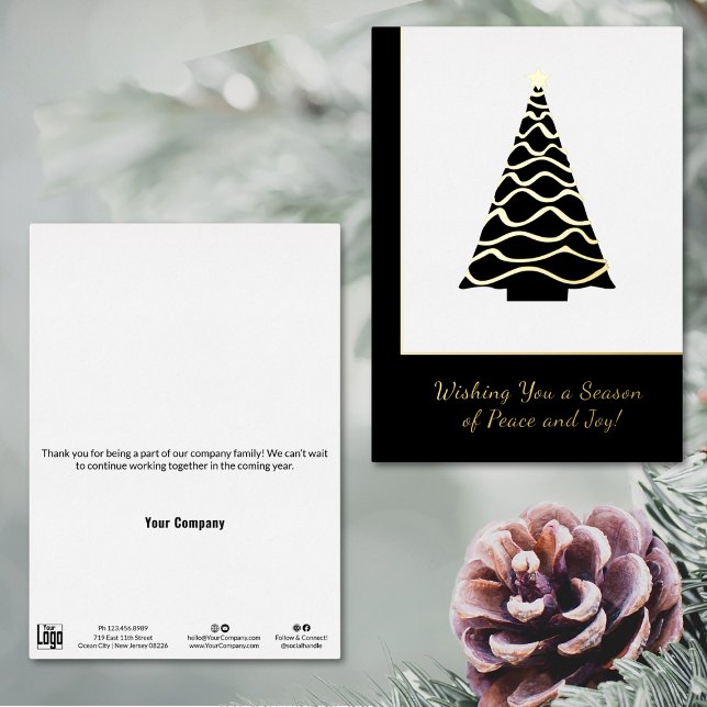 Tarjeta de vacaciones de negocios de Relieve metal (Minimal Christmas Tree Foil Business Holiday Card, Black and White, Logo, Contact, Social)