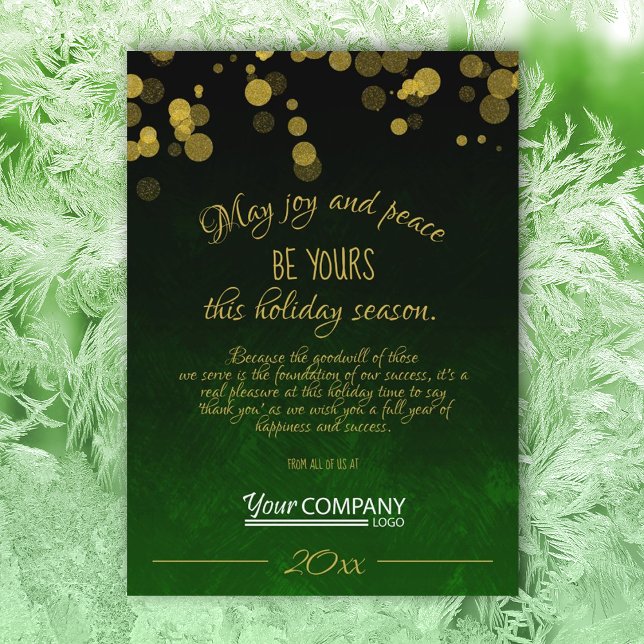 Tarjeta de vacaciones de negocios verde de esmeral (emerald green gold shimmer lights jewel tone company holiday card green business logo christmas card)