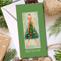 Tarjeta de vacaciones de niña con árbol de Navidad