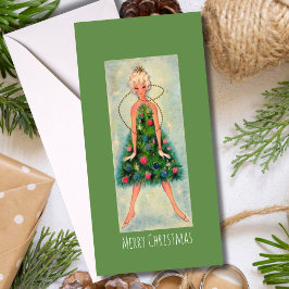 Tarjeta de vacaciones de niña con árbol de Navidad