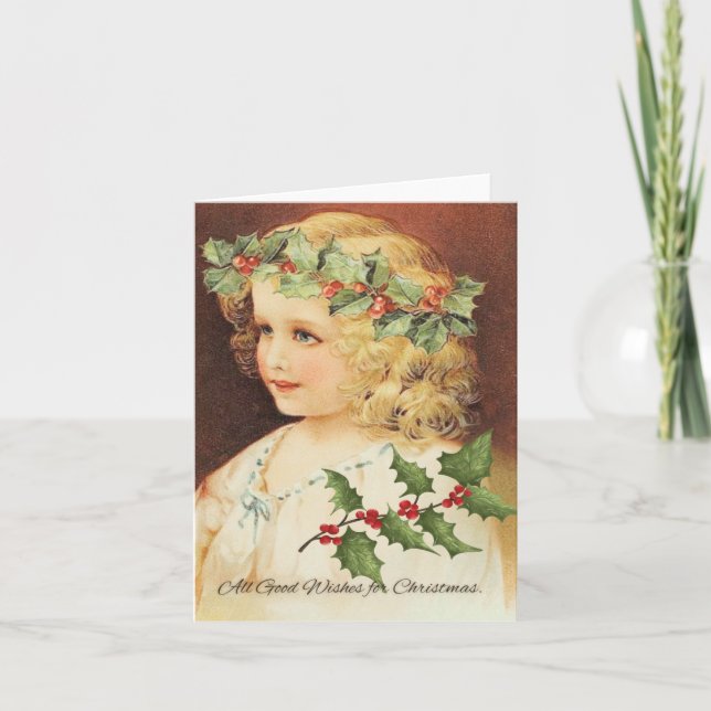 Tarjeta de vacaciones de niña de Navidad Victorian (Anverso)