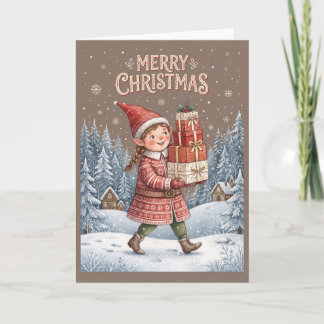 Tarjeta de vacaciones de niña duende de Navidad