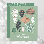 Tarjeta de vacaciones de Ornamentos de Árbol de Na<br><div class="desc">Pequeñas y elegantes tarjetas de felicitación navideña de 4, 5" x 5, 6" presentan adornos retro vintage de árbol de Navidad en un fondo verde menta en la parte delantera y tu saludo personalizado en la parte posterior. Estas tarjetas de felicitación asequibles se imprimen en papel de 110 libras disponible...</div>