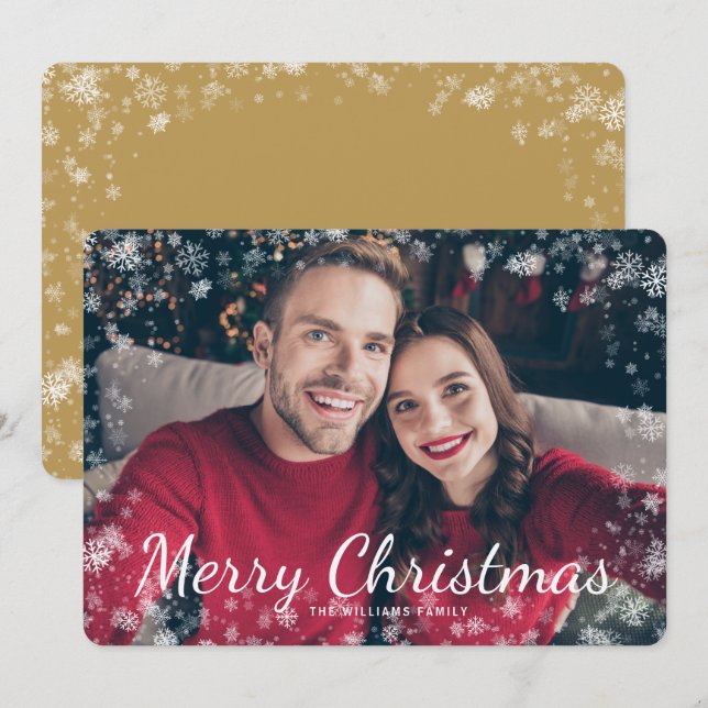 Tarjeta de vacaciones de oro de la foto navidad de (Anverso / Reverso)