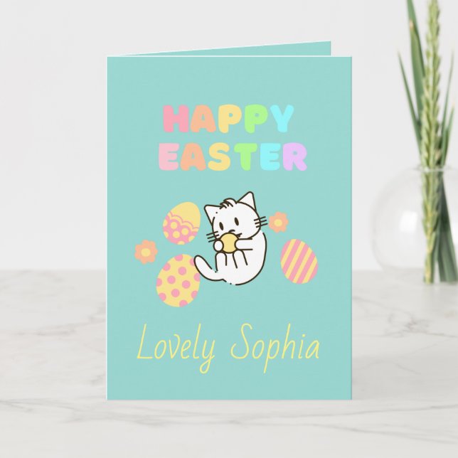 Tarjeta de vacaciones de Pascua de gato azul cielo (Anverso)