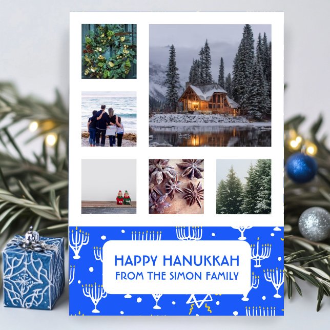 Tarjeta de vacaciones de PERSONALIZADO HANUKKAH (HANUKKAH CUSTOM PHOTO Menorahs Stars Modern Holiday Card
)