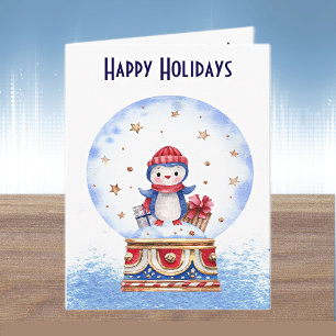 Tarjeta de vacaciones de pingüino en bola de nieve