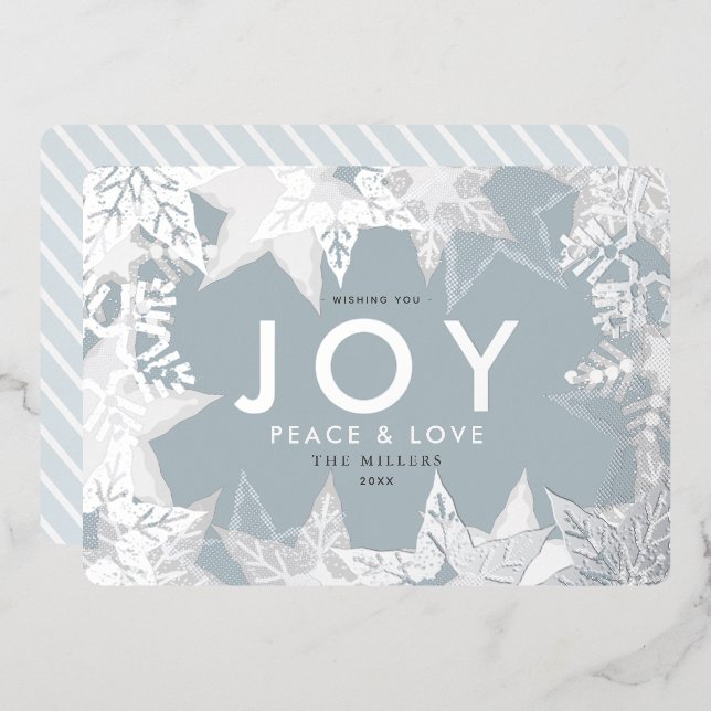 Tarjeta de vacaciones de plata JOY Frosted Snowfla (Anverso/Reverso)