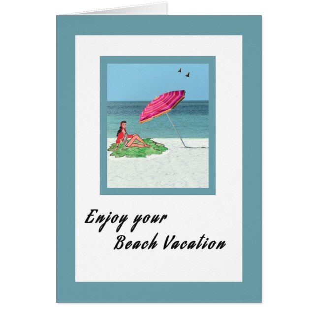 Tarjeta de vacaciones de playa con dibujo retro (Frente)