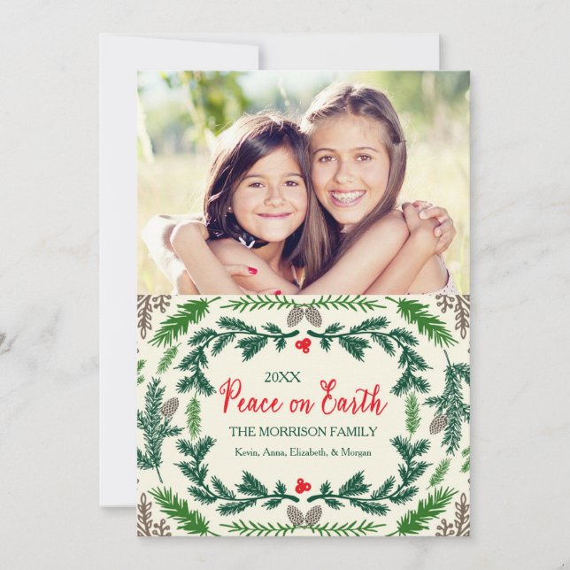 Tarjeta de vacaciones de ramas de pino de paz en l (Anverso)