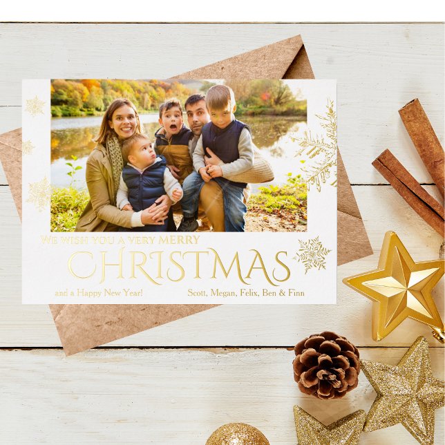 Tarjeta de vacaciones de Relieve metalizado con co (Gold Foil Vintage Snowflakes Christmas Card with Photo)
