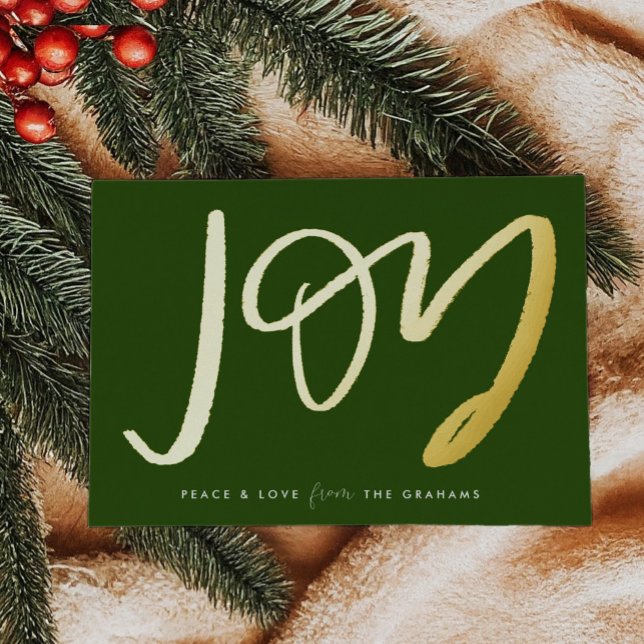 Tarjeta de vacaciones de Relieve metalizado dorado (Hand-Lettered Joy gold foiled on a festive green holiday card)