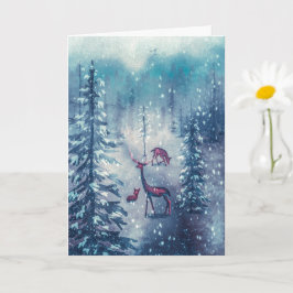 Tarjeta de vacaciones de Reno y árboles de Navidad