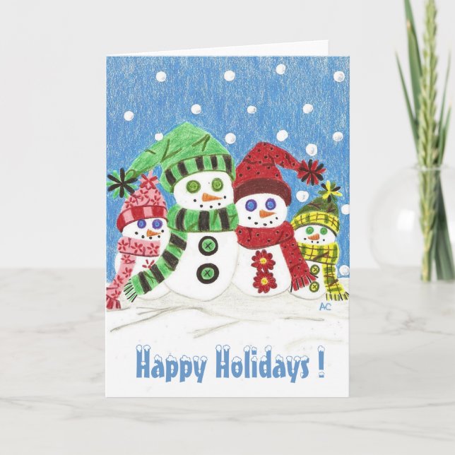 Tarjeta de vacaciones de retrato de familia Snowme (Anverso)