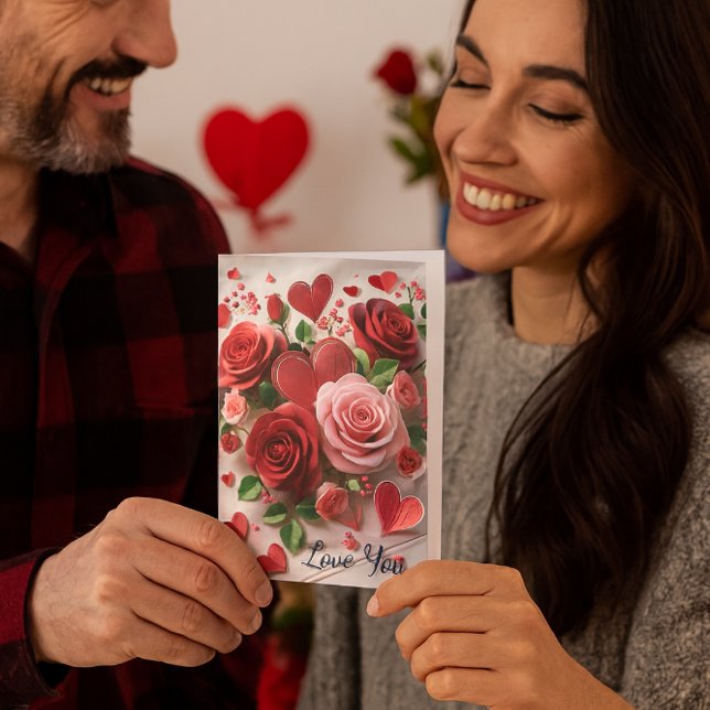 Tarjeta de vacaciones de San Valentín romántico co (Bold roses, heartfelt message this “Love You” card makes Valentine’s Day unforgettable.)