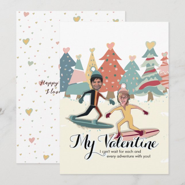 Tarjeta de vacaciones de San Valentín Snowboard (Anverso / Reverso)