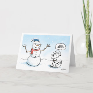 Tarjeta de vacaciones de Snowman y perro. Deja de 